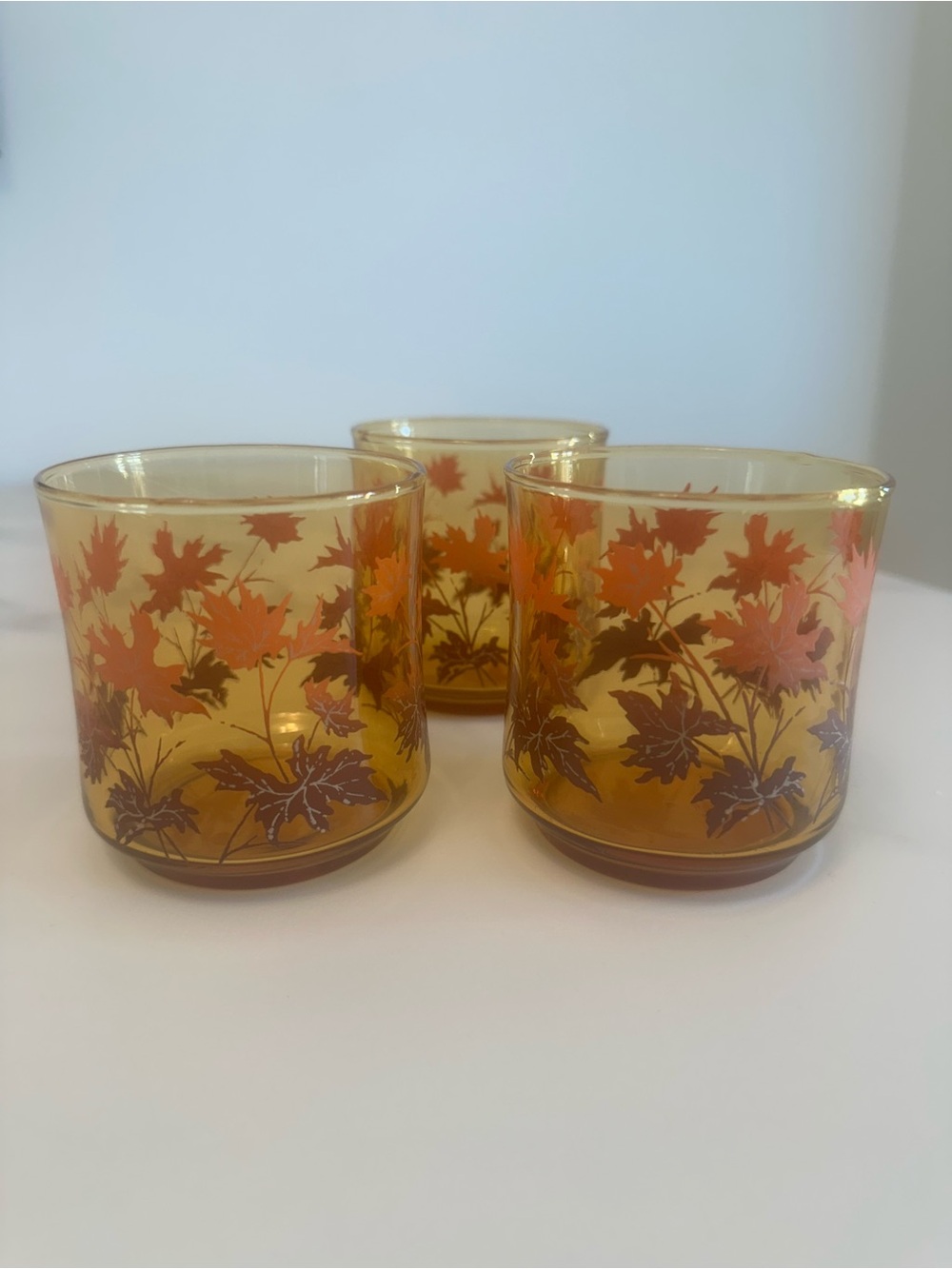 Vintage Indiana Glass Amber Tumblers with Orange Autumn Maple Leaf Motif - Set 3